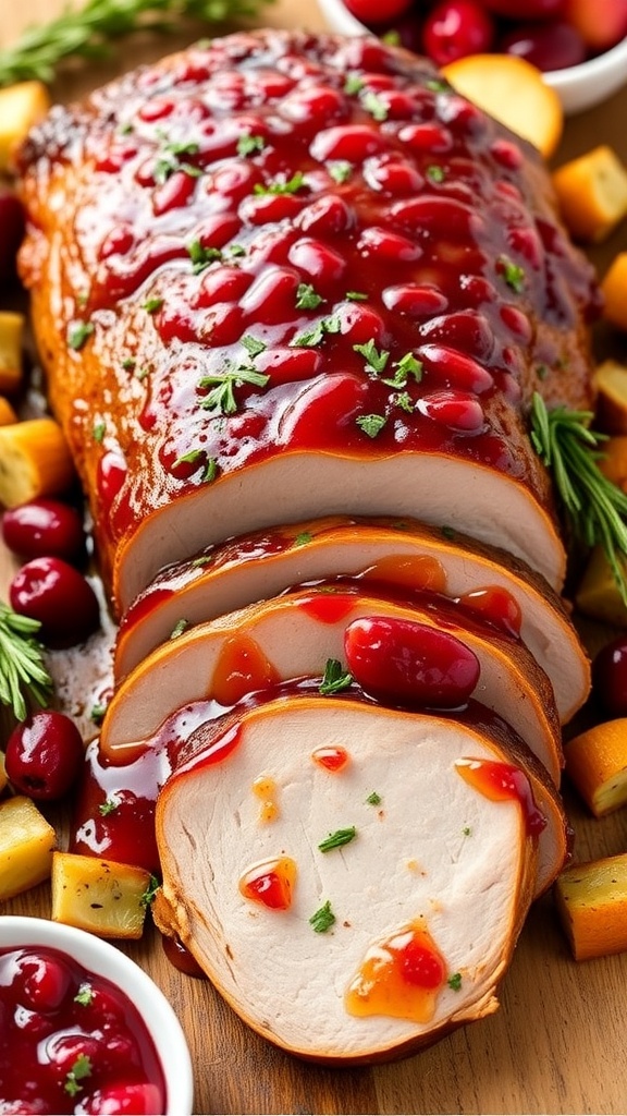 Roasted cranberry orange glazed pork loin sliced on a wooden platter with festive sides.